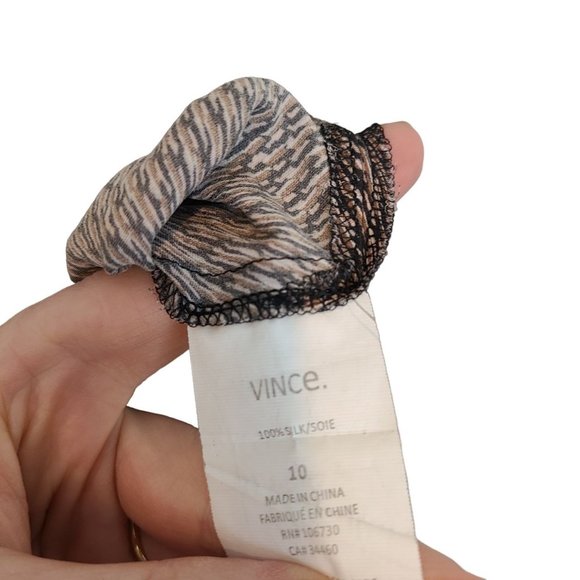 Vince Womens 10 Brown Diagonal Print Long Sleeves V-Neck Placket Silk Blouse - Picture 9 of 10